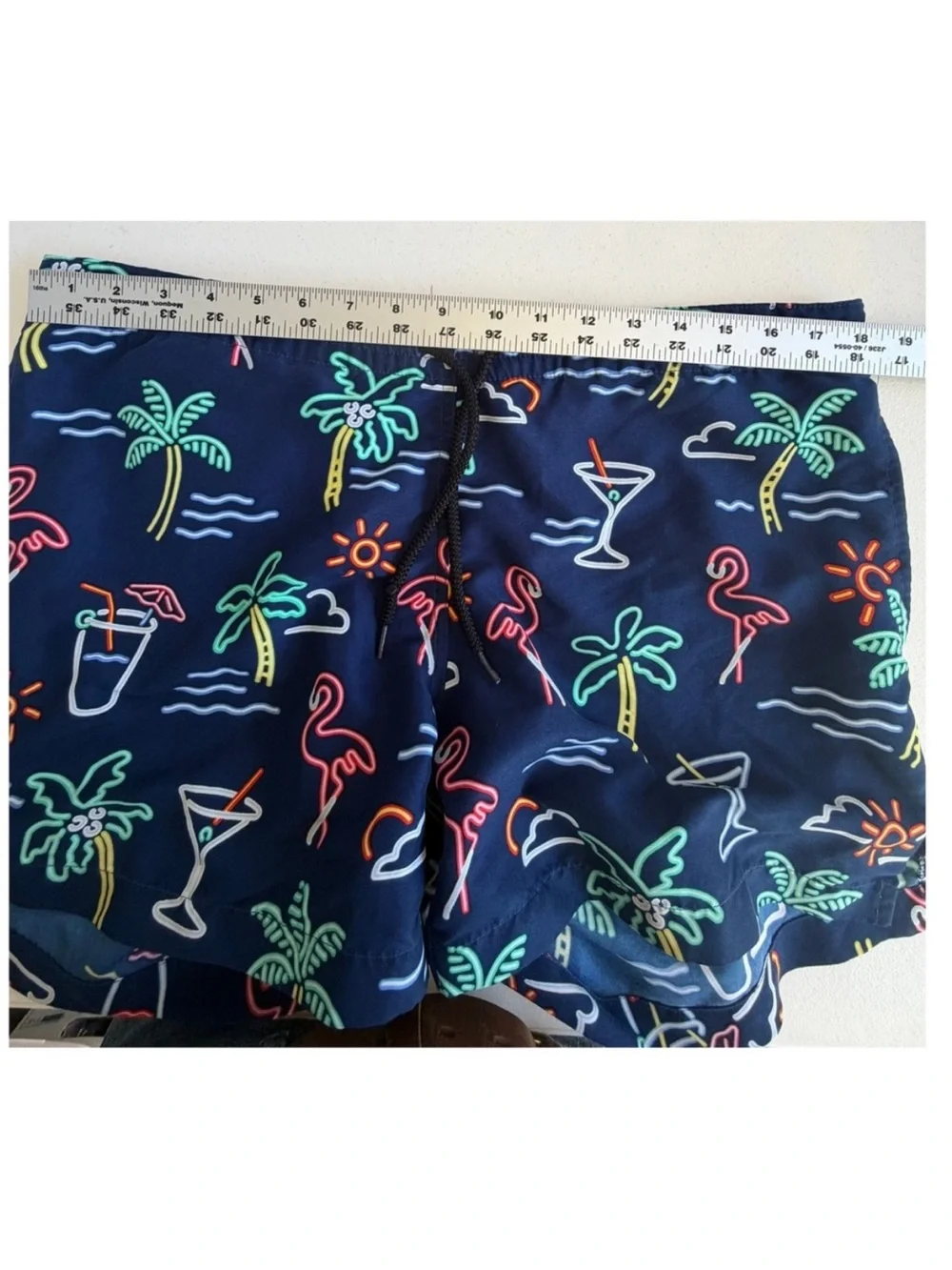 chubbies Navy Swim Trunks with Neon Palm & Flamingo Print